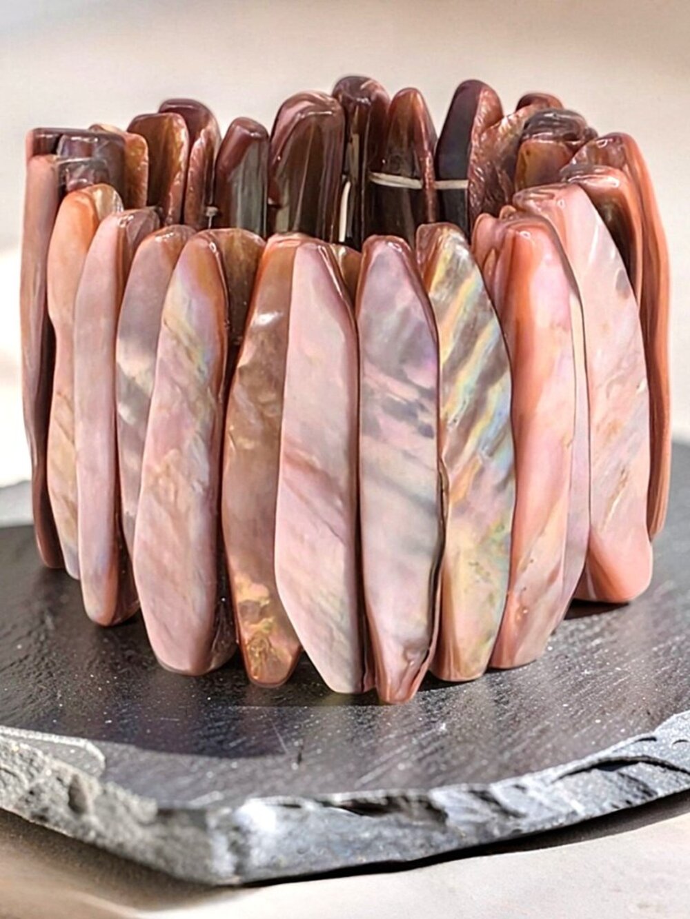 Iridescent Pink Mother of Pearl Shell Wide Stretch Bracelet